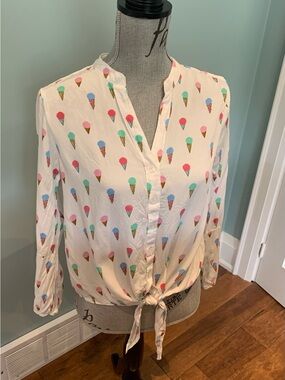 Cream Ice Cream Print Tie-Front Blouse